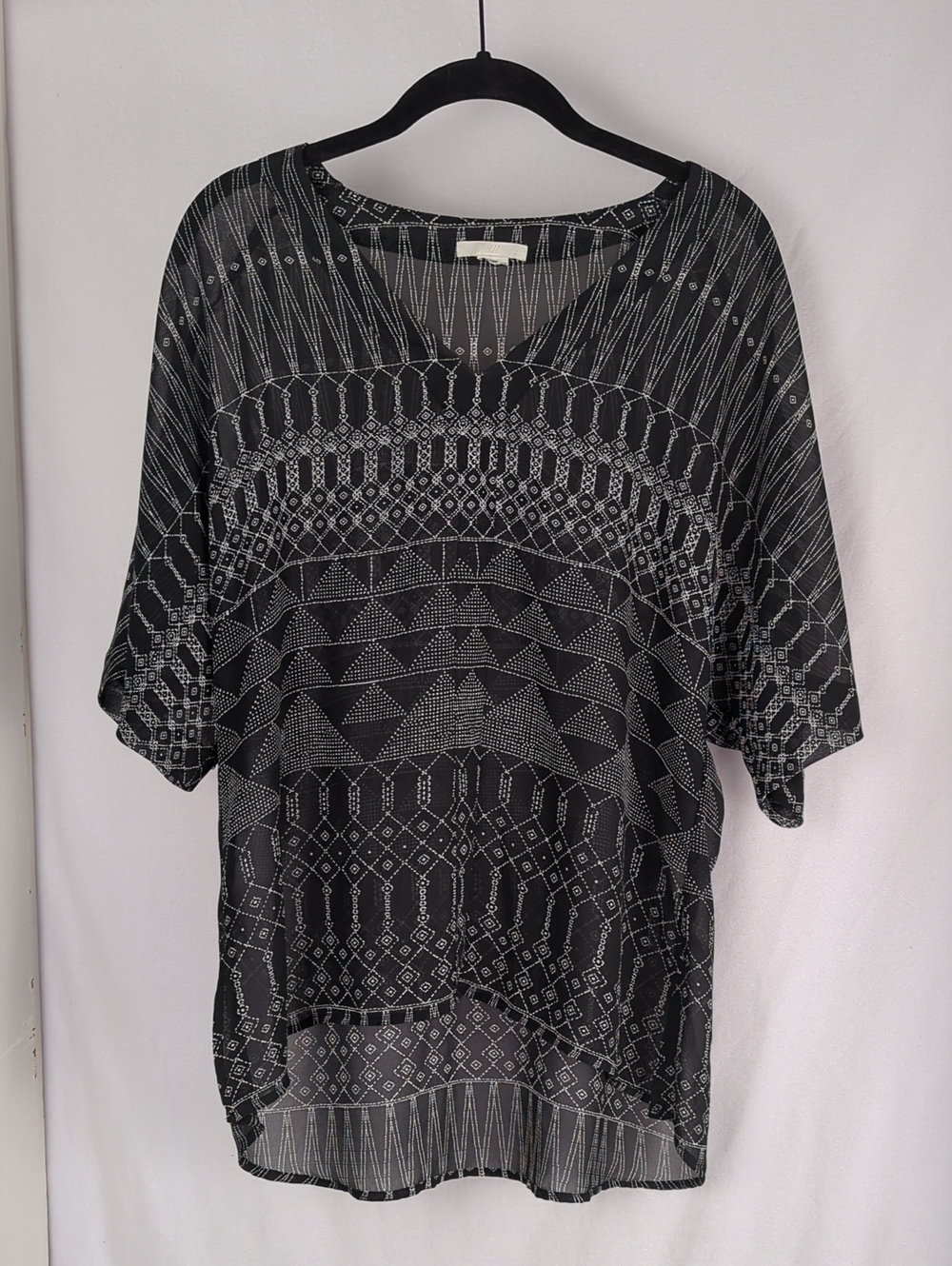 H&M Women's Semi Sheer Blouse Black White Tribal Print V Neck